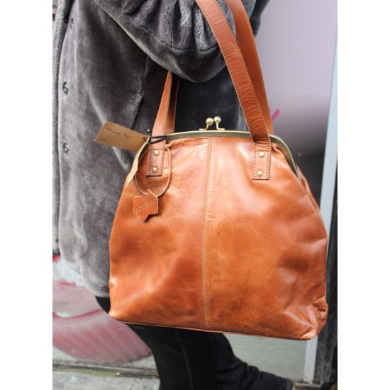 Maya Large Top Clip Tan Leather Handbag 